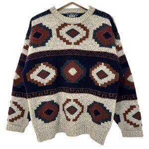 L/XL Vtg 90s Men's Woolrich Striped Geometric Aztec Grunge Boxy Wool Sweater